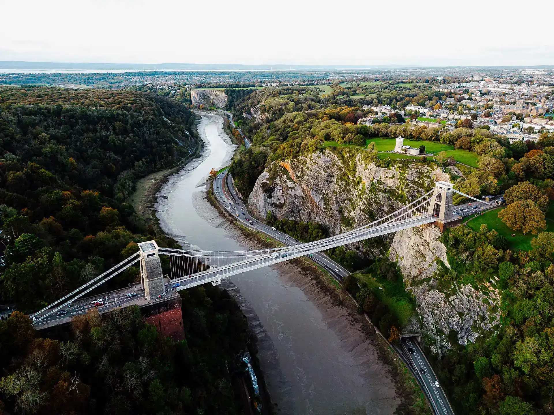 clifton suspension bridge over the river avon captured from above by a drone at a bristol wedding