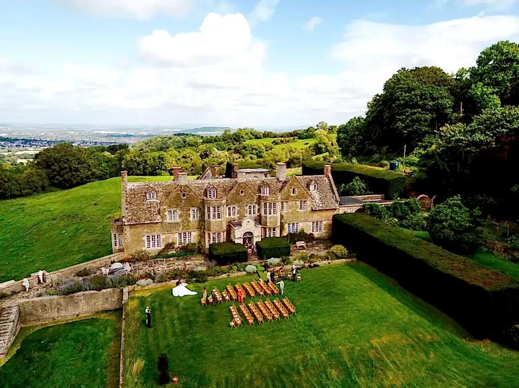 Hilles House drone shot of the venue captured by the best cotswolds wedding videographer
