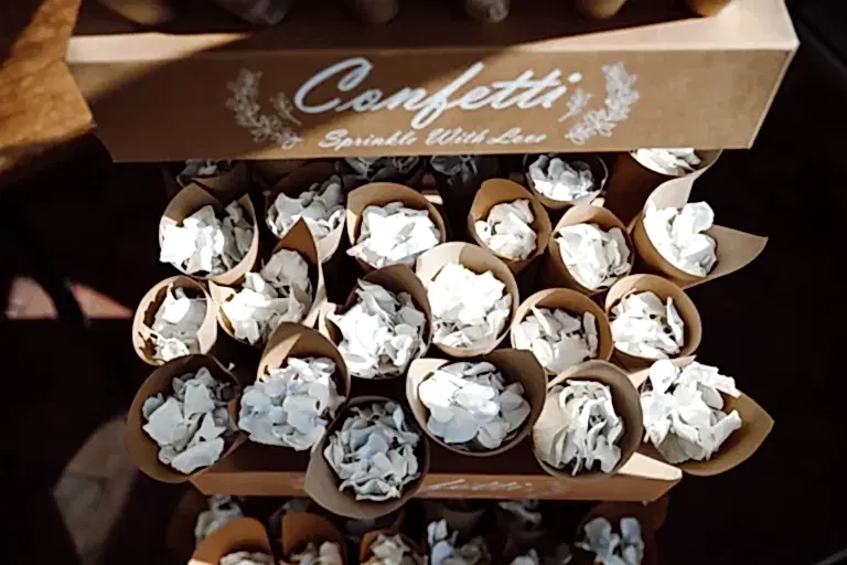 confetti cones in a box at a pear tree at purton wedding