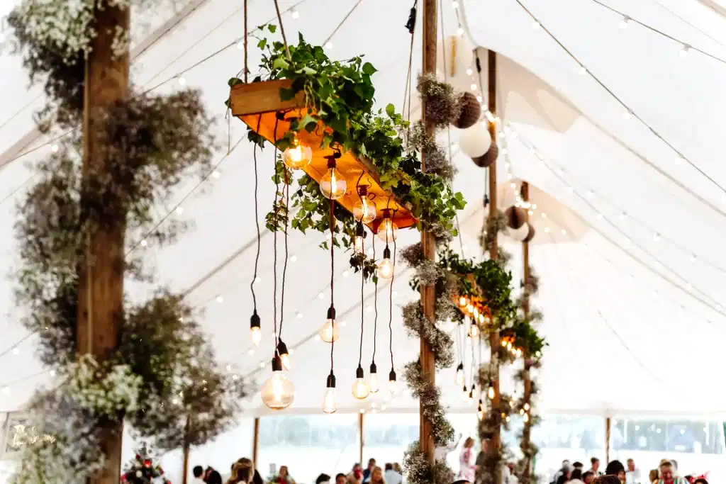 SNO0723-LOWRES-0753 hanging wedding flower installation in a wedding reception marquee