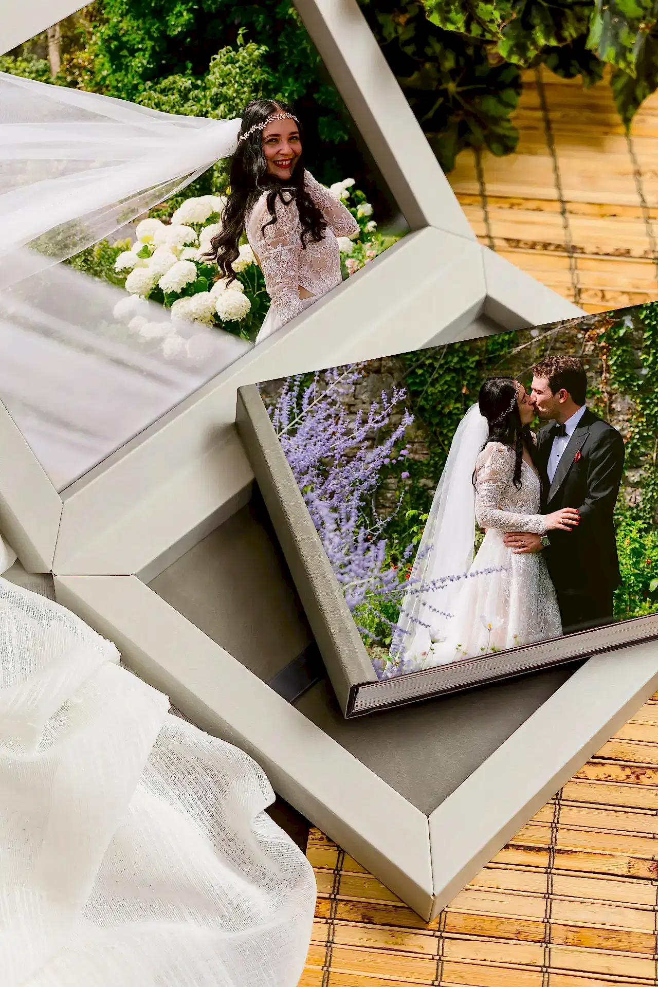 a wedding album with a photo of a bride and groom kissing on the front cover