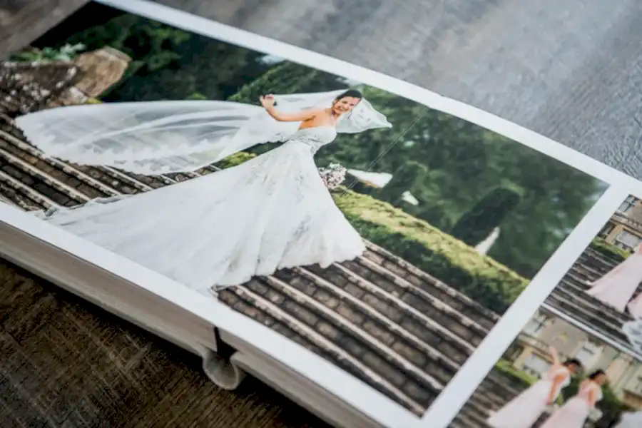 open pages of wedding album detail