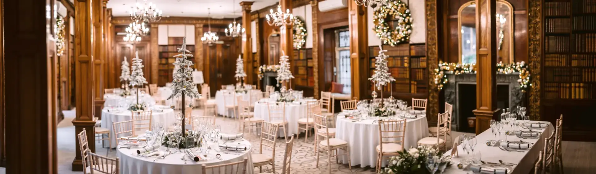 a panoramic view of a christmas wedding breakfast room with christmas trees as table decorations